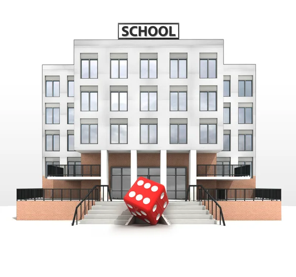 Lucky dice in front of modern school building — Stock Photo, Image