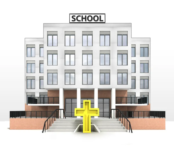 Golden cross in front of modern school building — Stock Photo, Image