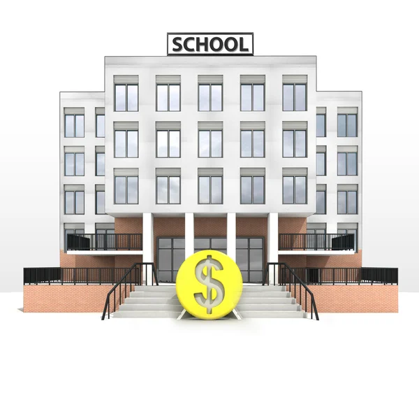 Devise dollar devant le bâtiment scolaire moderne — Photo