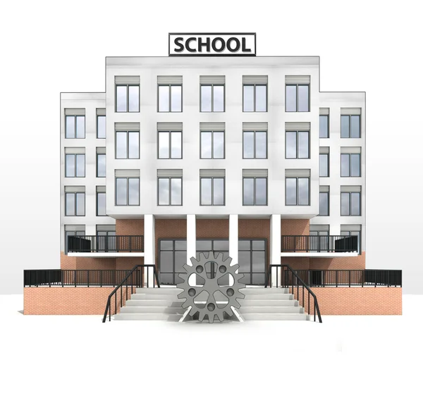 Modern okul binası önünde sanayi işareti — Stok fotoğraf