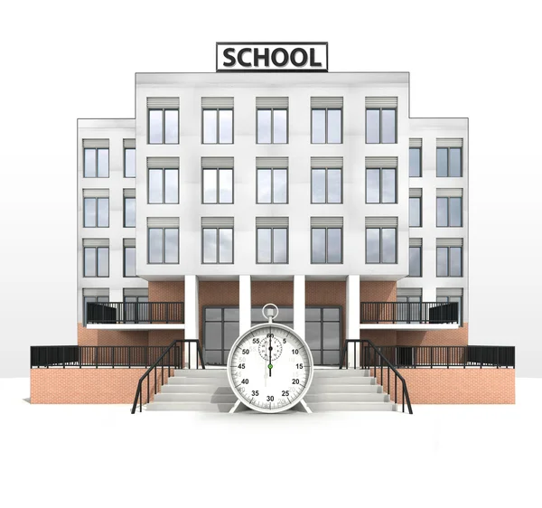 Chronomètre devant le bâtiment scolaire moderne — Photo