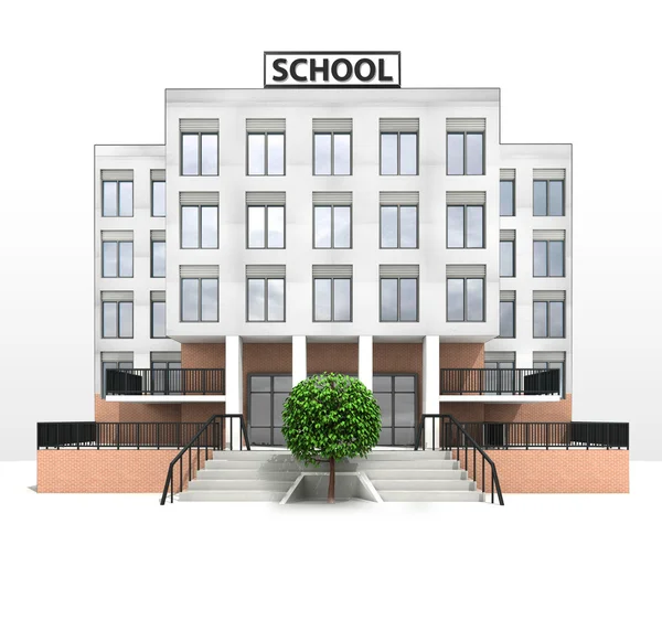 Листовое дерево перед зданием современной школы — стоковое фото