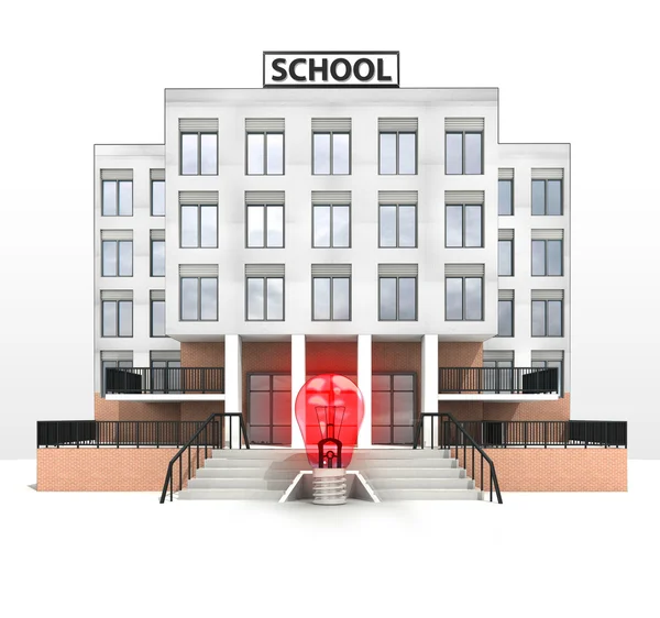 Red lightbulb in front of modern school building — Stock Photo, Image