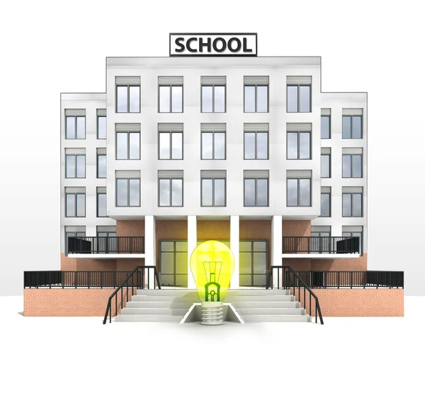 Gul glödlampa framför modern skola byggnad — Stockfoto