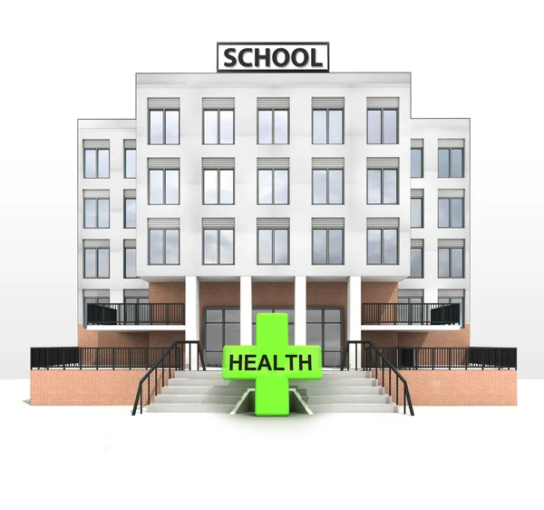 Hälsa kors framför modern skola byggnad — Stockfoto