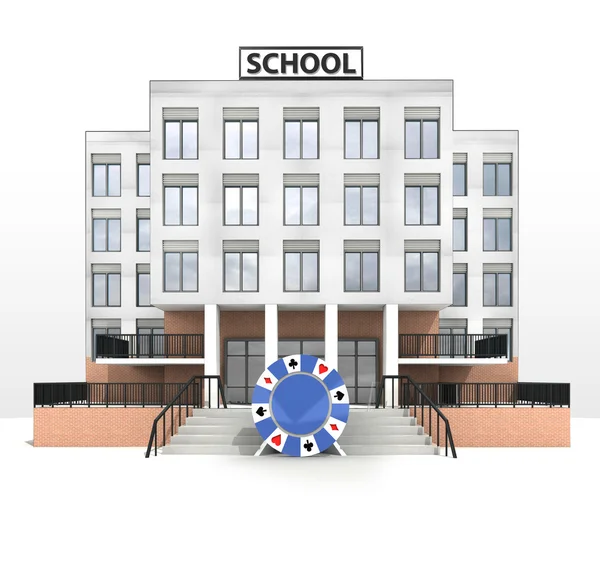 Покерний чіп перед сучасною шкільною будівлею — стокове фото