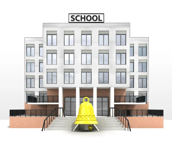 Золотий дзвін перед сучасною шкільною будівлею — стокове фото