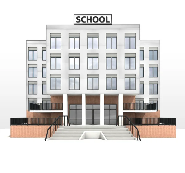 Σύγχρονο σχολείο κτίριο μπροστινή πρόσοψη προβολή "Σχεδίαση" — Φωτογραφία Αρχείου
