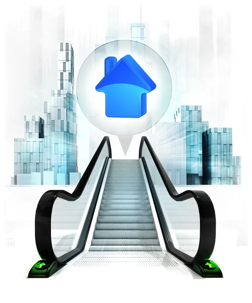 House icon in bubble above escalator — Stock Photo, Image