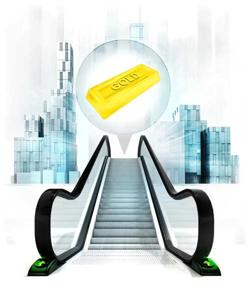 Gold ingot in bubble above escalator — Stock Photo, Image