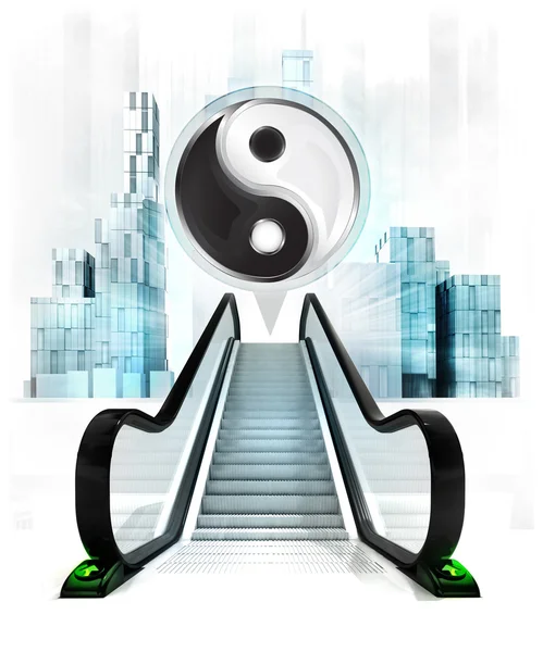Yin yang symbolen i bubbla ovanför rulltrappan — Stockfoto