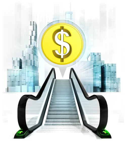Dollar coin in bubble above escalator — Stock Photo, Image