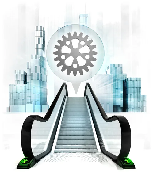 Industrial cogwheel in bubble above escalator — Stock Photo, Image