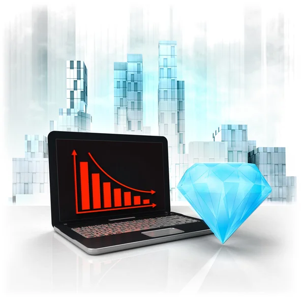 Diamante azul com resultados negativos on-line no distrito de negócios — Fotografia de Stock