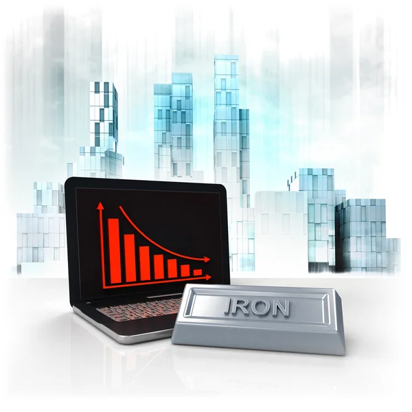 Iron commodity with negative online results in business district — Stock Photo, Image