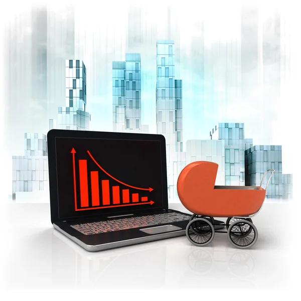 Baby buggy with negative online results in business district — Stock Photo, Image