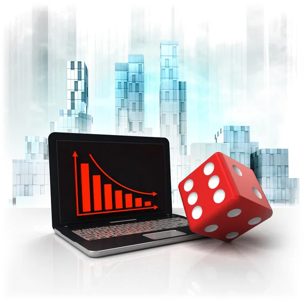 Red dice with negative online results in business district — Stock Photo, Image