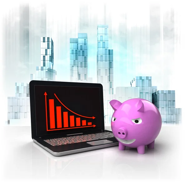 Porco rosa com resultados on-line negativos no distrito de negócios — Fotografia de Stock