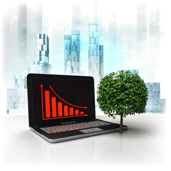 Leafy tree with negative online results in business district — Stock Photo, Image