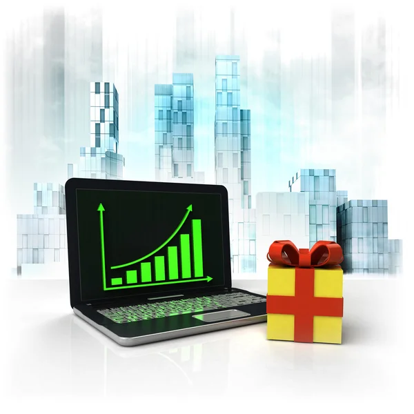 Cadeau verrassing met positieve online resultaten in de zakenwijk — Stockfoto