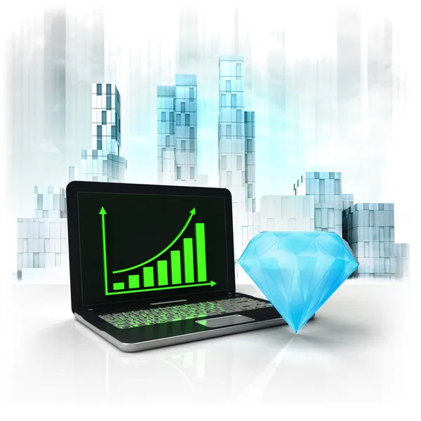 Blue diamond with positive online results in business district — Stock Photo, Image