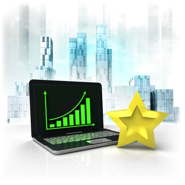 Estrela de ouro com resultados positivos on-line no distrito de negócios — Fotografia de Stock