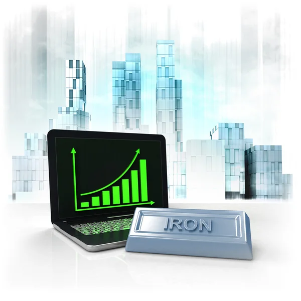 Iron commodity with positive online results in business district — Stock Photo, Image
