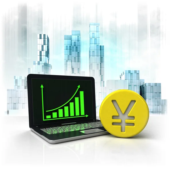 Yuan  golden coin with positive online results in business district — Stock Photo, Image
