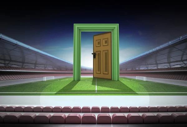 Open door to world of football in midfield of stadium — Stock Photo, Image