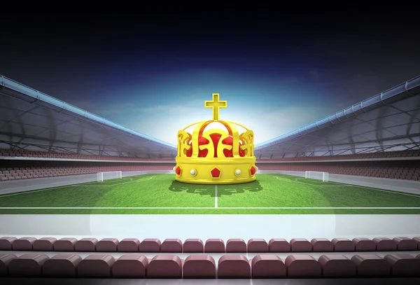 Champion royal crown in midfield of magic football stadium — Stock Photo, Image