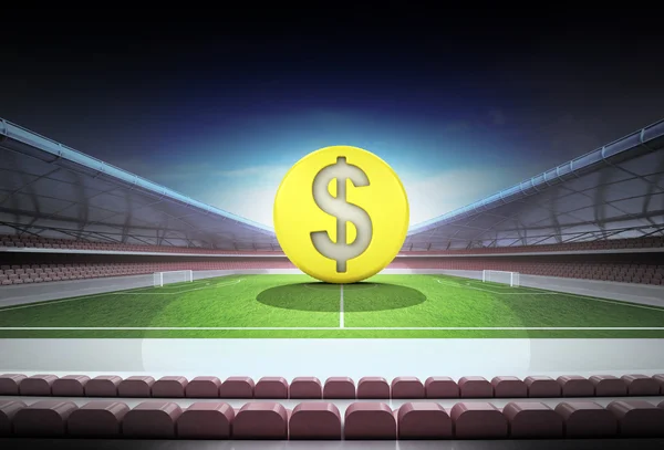 Dollar golden coin in midfield of magic football stadium — Stock Photo, Image