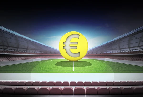 Euro golden coin in midfield of magic football stadium — Stock Photo, Image