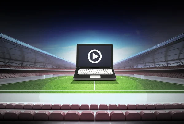 Laptop internet football watch in midfield of football stadium — Stock Photo, Image