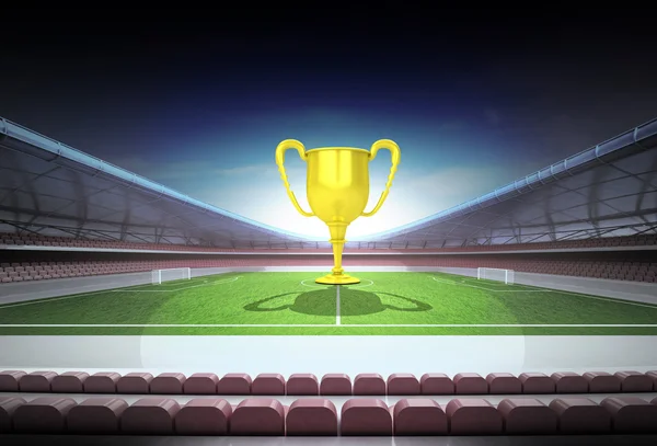 Champion cup in midfield of magic football stadium — Stock Photo, Image