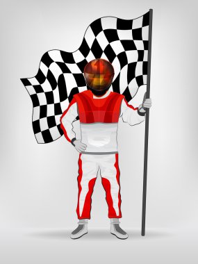 racer in red overall holding checked flag in helmet vector clipart
