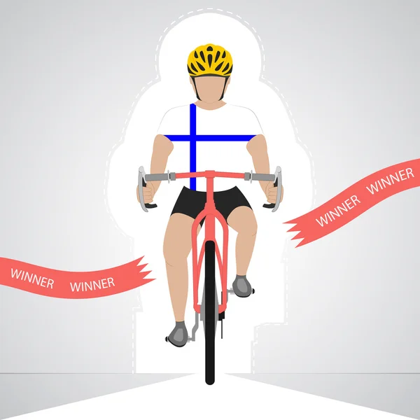 Ciclista finlandés en vista frontal cruzando línea de meta roja vector aislado — Archivo Imágenes Vectoriales