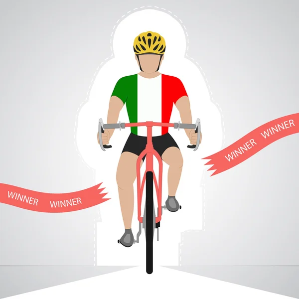 Italian cyclist in front view crossing red finish line vector isolated — Stock Vector