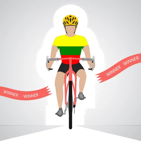 Ciclista lituano en vista frontal cruzando línea de meta roja vector aislado — Vector de stock