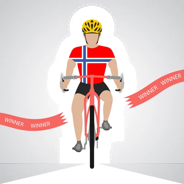 Ciclista noruego en vista frontal cruzando línea de meta roja vector aislado — Archivo Imágenes Vectoriales