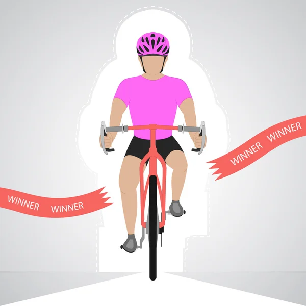 Ciclista vestido de color rosa en vista frontal cruzando rojo línea de meta vector aislado — Vector de stock