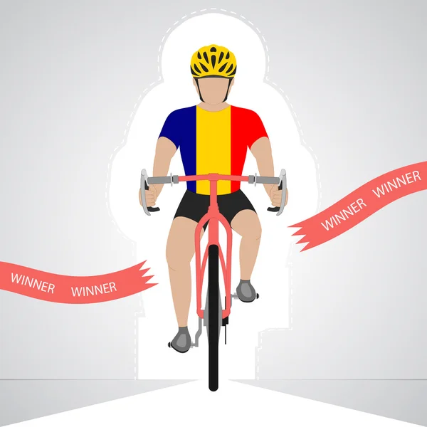 Ciclista rumano en vista frontal cruzando línea de meta roja vector aislado — Vector de stock