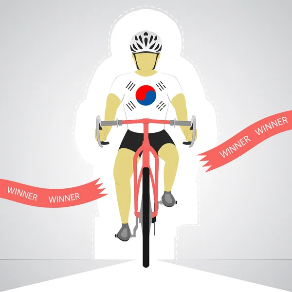 Ciclista surcoreano en vista frontal cruzando línea de meta roja vector aislado — Archivo Imágenes Vectoriales