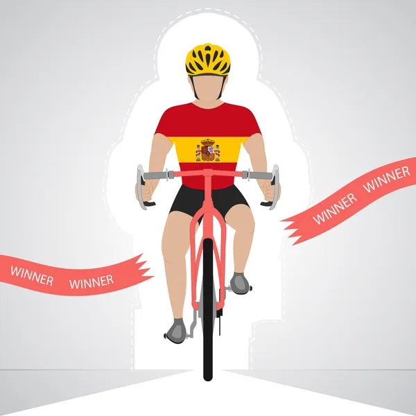 Spaans wielrenner in front weergave overschrijden rode finishlijn vector geïsoleerd — Stockvector