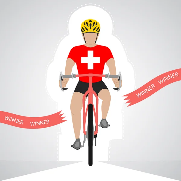 Ciclista suizo en vista frontal cruzando línea de meta roja vector aislado — Archivo Imágenes Vectoriales