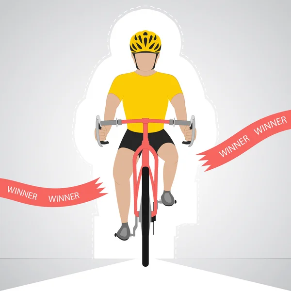 Amarillo vestido ciclista en vista frontal cruzando rojo línea de meta vector aislado — Vector de stock