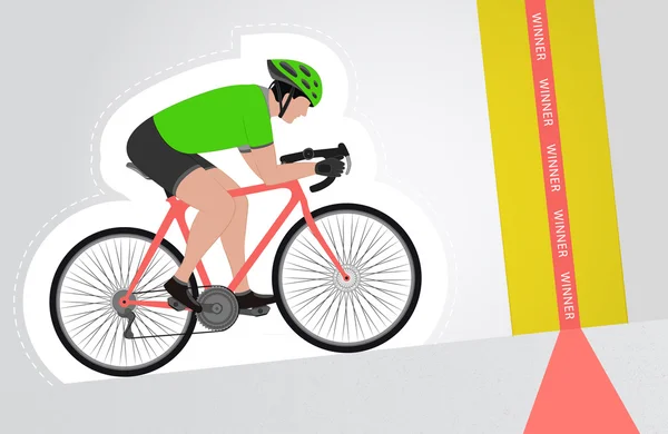 Groene gekleed fietser naar boven rijden naar de finish lijn vector geïsoleerd — Stockvector