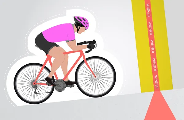 向上骑到终点线矢量孤立粉红色穿着骑自行车的人 — 图库矢量图片