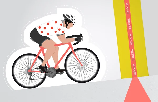 Punto rojo vestido ciclista cabalgando hacia arriba para terminar vector línea aislada — Vector de stock