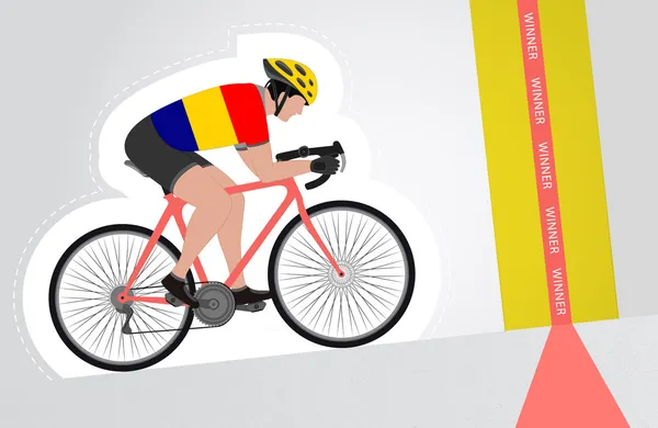 フィニッシュ ライン ベクトル分離を上向きに乗るルーマニアのサイクリスト — ストックベクタ
