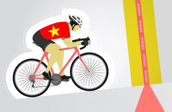 Ciclista vietnamita cabalgando hacia arriba para terminar vector línea aislada — Vector de stock